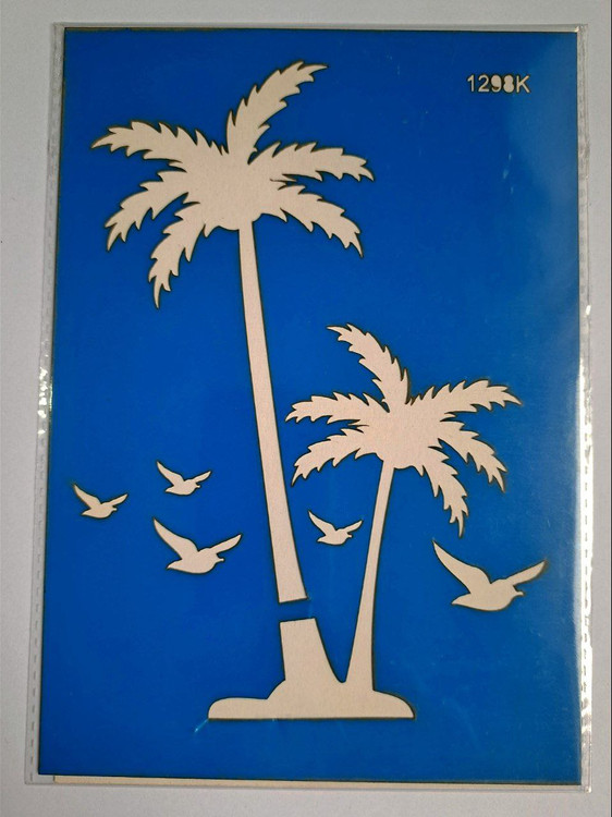 شابلون استنسیل هنری طرح نخل و پرنده کد 1298 سایز 20*14 (شابلون نقاشی دکوراتیو)