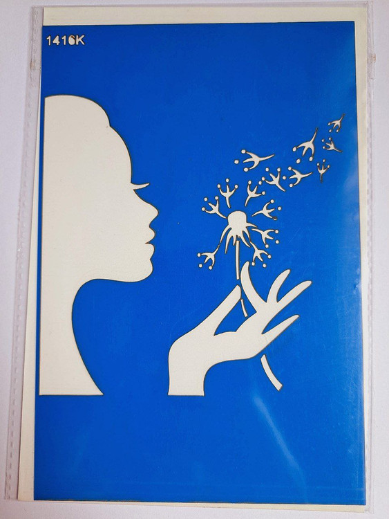 شابلون استنسیل هنری زن و قاصدک کد 1416 سایز 20*14 (شابلون نقاشی دکوراتیو)