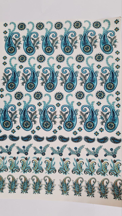 ترانسفر ترمه فیروزه ای سرد طرح بته جقه کد 0517